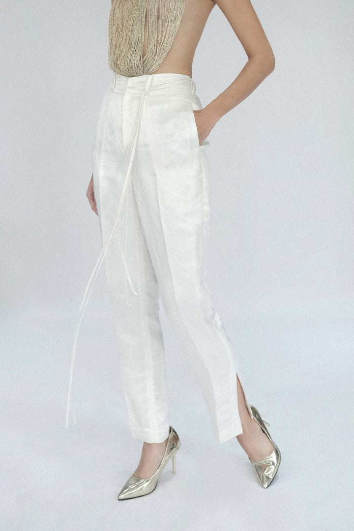 KHAAR - High-Waisted Tapered Pants with Drawstring Detail