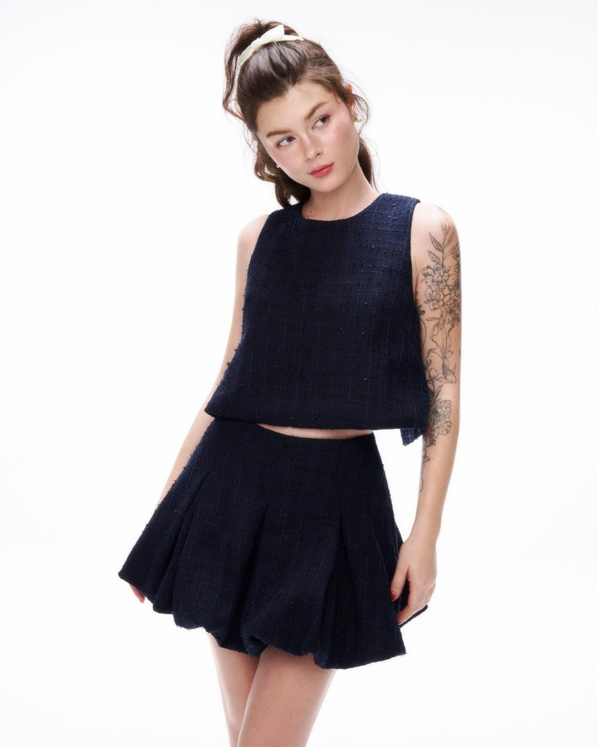 Dottie - Bubble Tweed Mini Skirt in Navy Blue