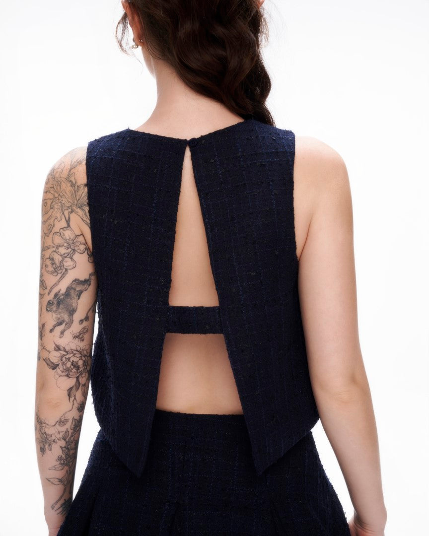 Dottie - Backless Navy Tweed Top