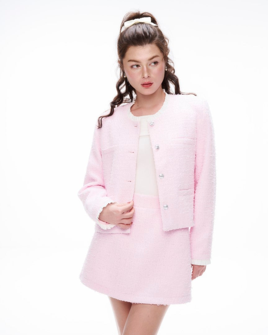 Dottie - Ruffled Tweed Jacket in Light Pink