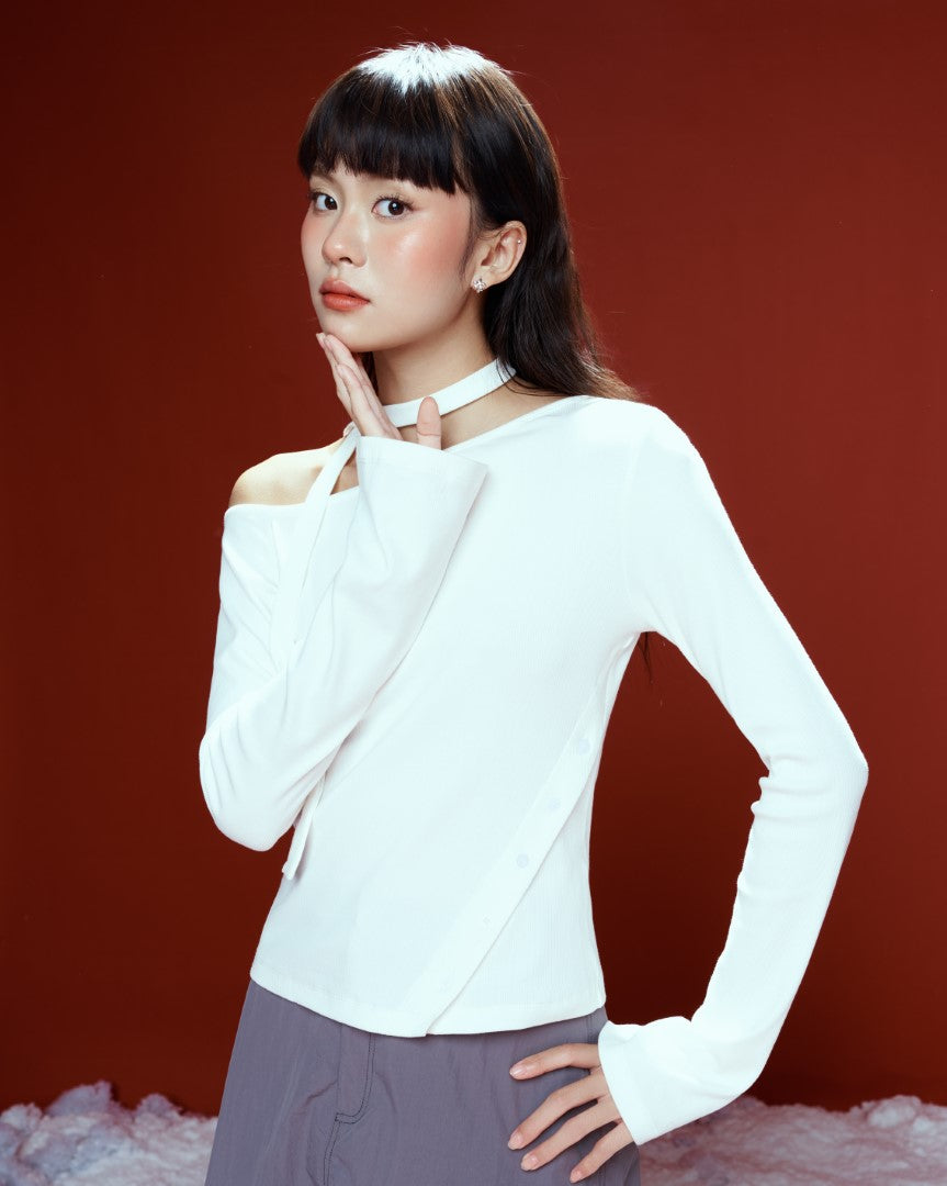 Dottie - White Asymmetrical Long Sleeve Top