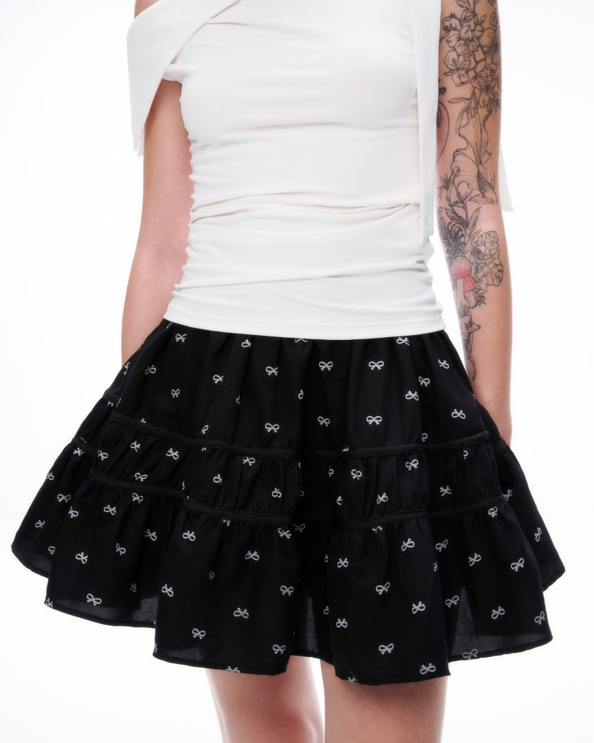 Dottie - Black Bow Detail Tiered Mini Skirt