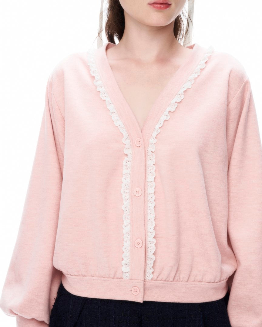 Dottie - Long-Sleeve Lace-Trimmed Cardigan in Light Pink