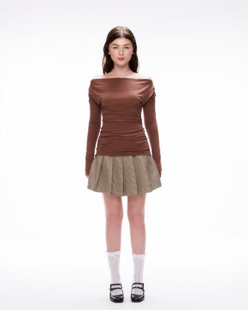 Dottie - Pleated Khaki Skort in Brown