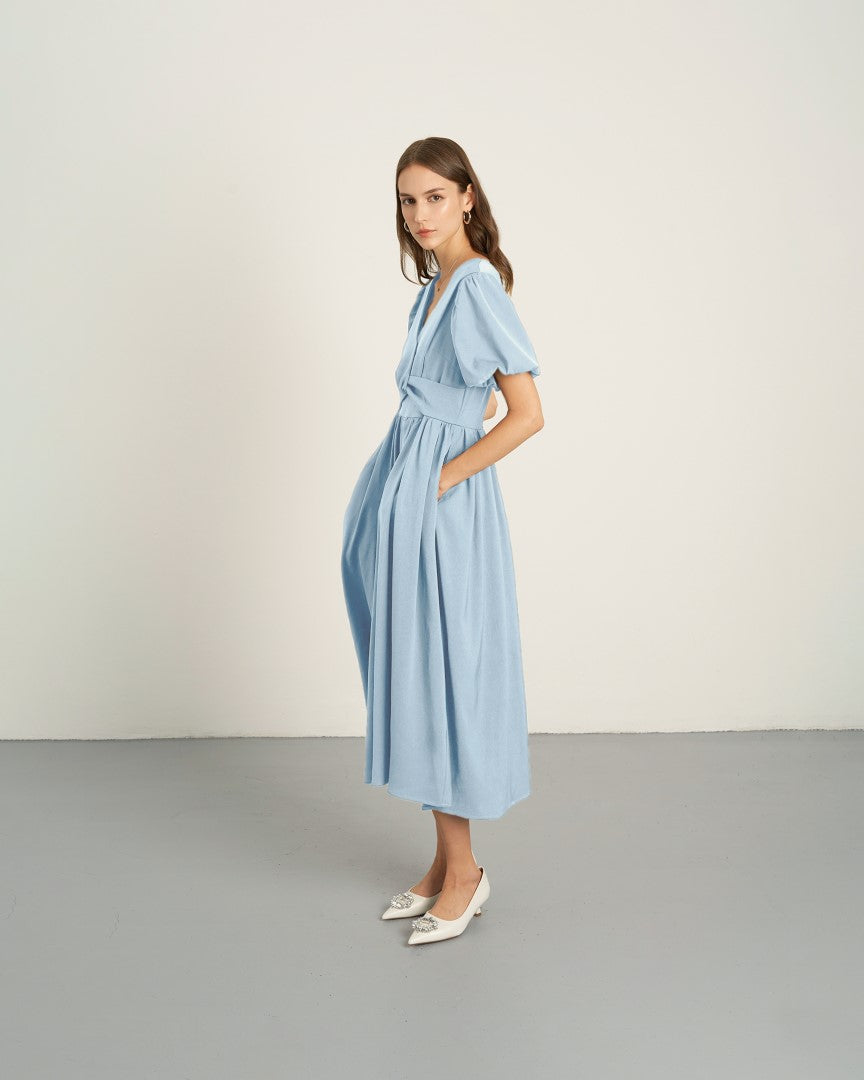 KHAUBYCQ - Twist Front V-Neck A-Line Dress with Puff Sleeves