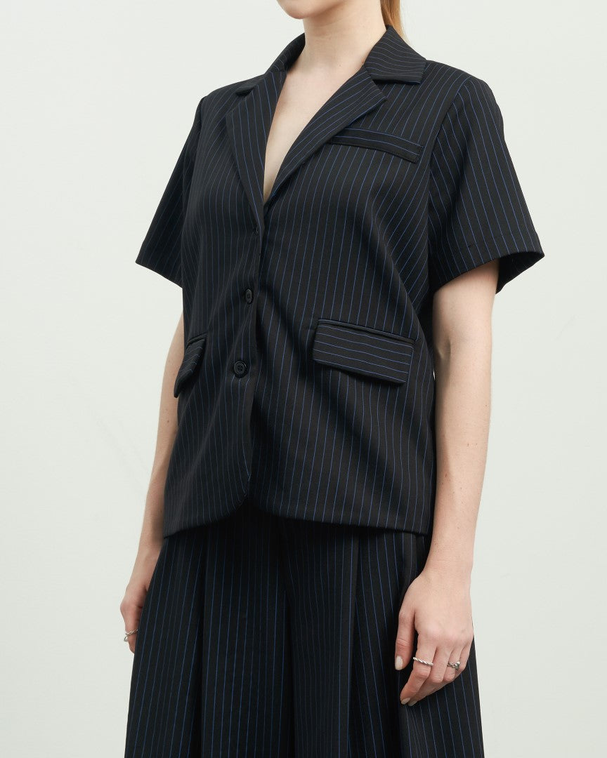 KHAUBYCQ - Short Sleeve Relaxed Fit Pinstripe Blazer with Flap Pockets - Cotton-Poly Blend