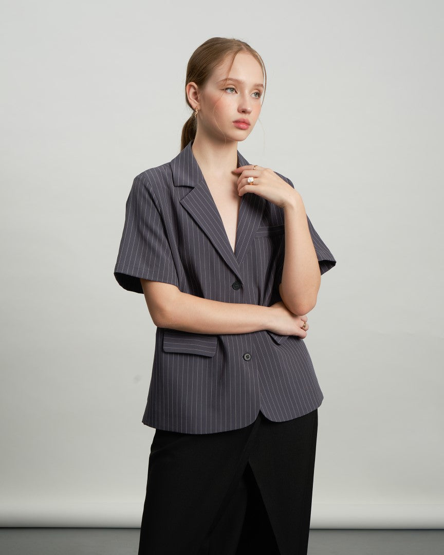 KHAUBYCQ - Short Sleeve Relaxed Fit Pinstripe Blazer with Flap Pockets - Grey Cotton-Poly Blend