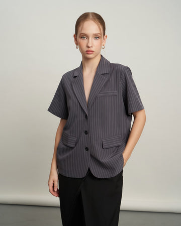 KHAUBYCQ - Short Sleeve Relaxed Fit Pinstripe Blazer with Flap Pockets - Grey Cotton-Poly Blend