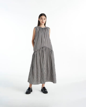 KHAUBYCQ - Sleeveless Gingham Seersucker A-Line Dress with Round Neck and Curved Panel