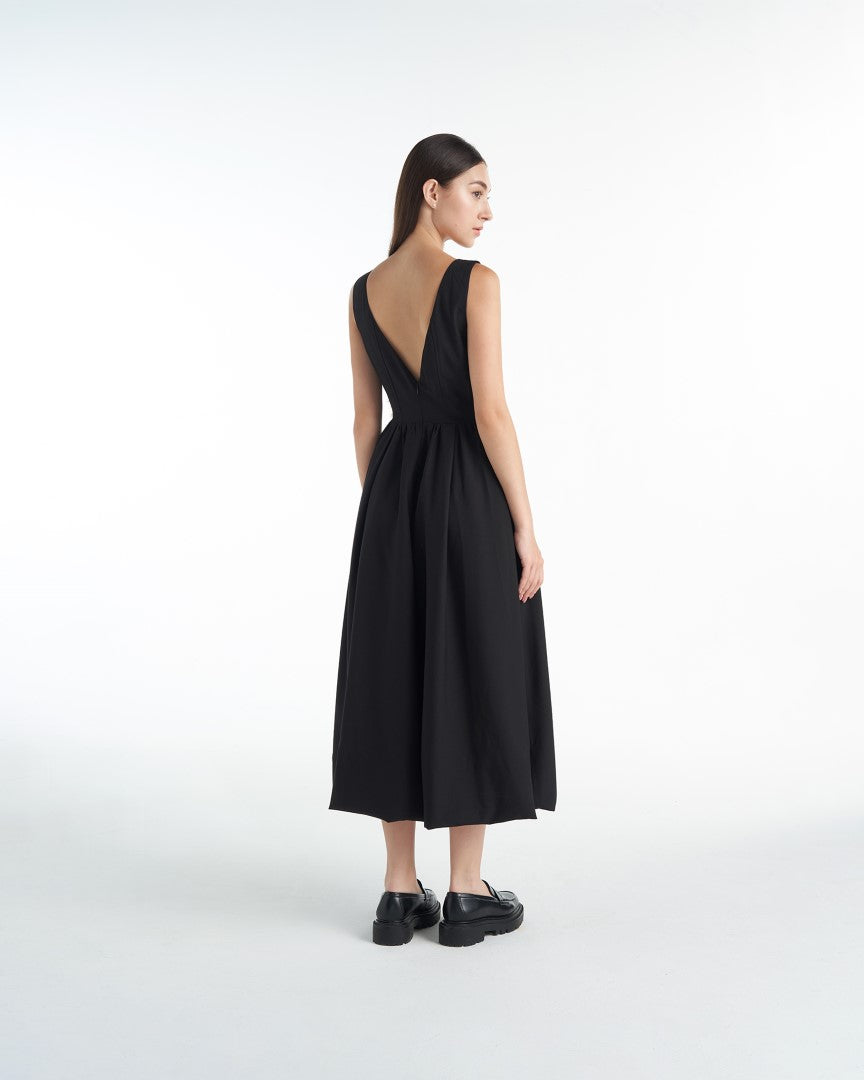 KHAUBYCQ - Sleeveless Scoop Neck Gathered Waist Cotton Twill Dress