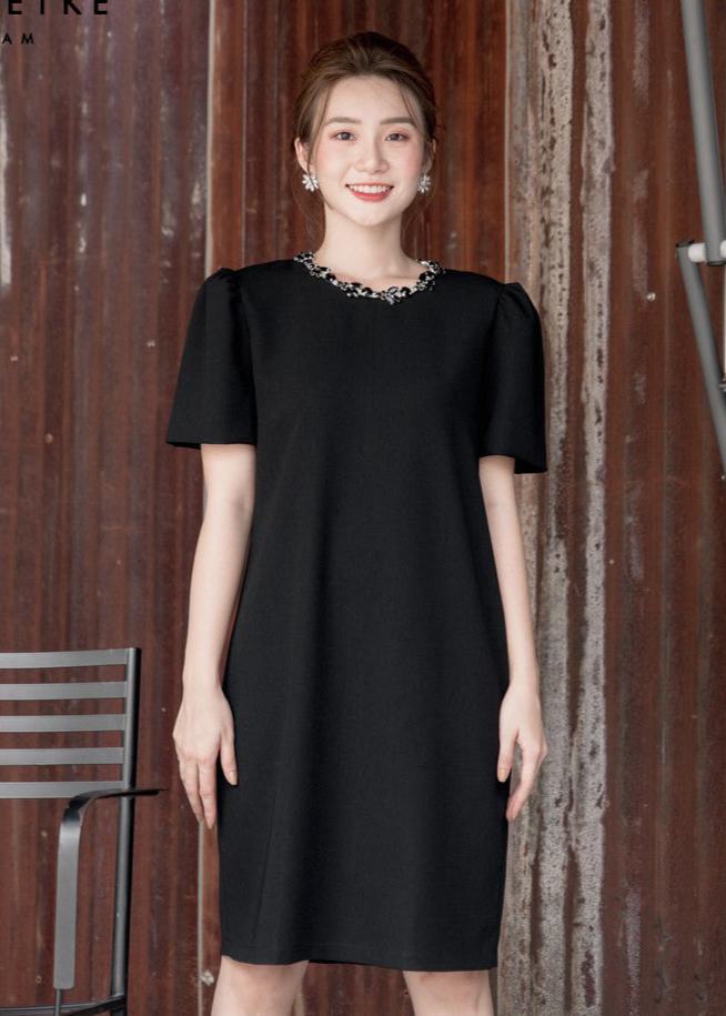 RẬP Vietnam - Black Puff-Sleeve Embellished Dress