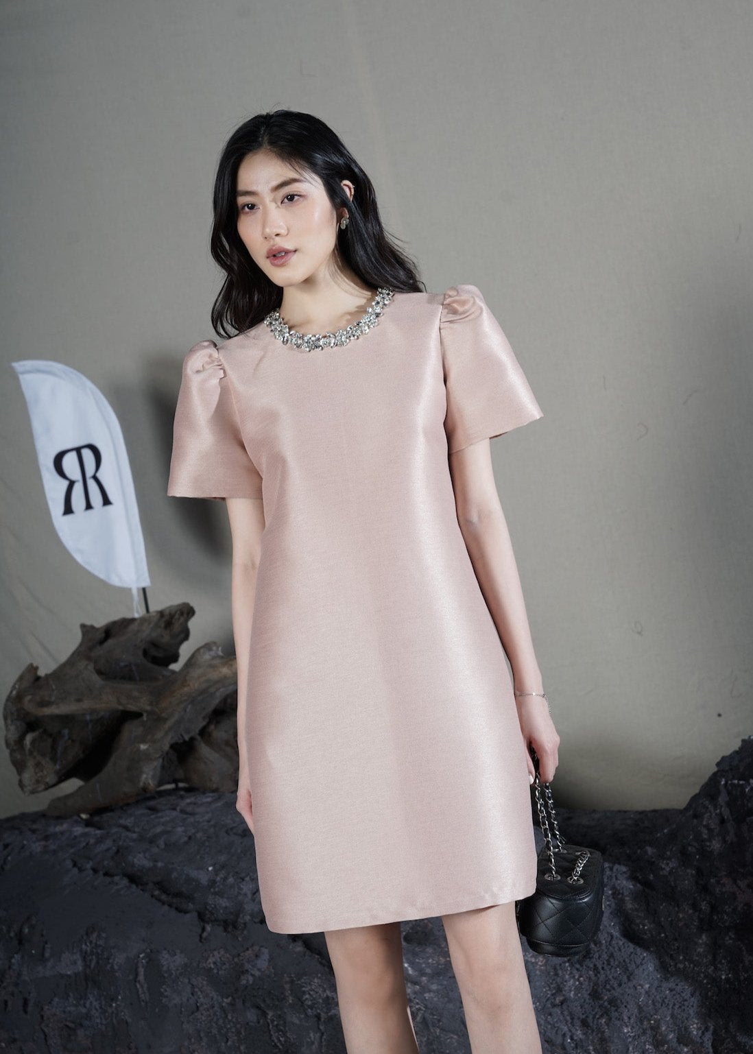 RẬP Vietnam - Pink Puff-Sleeve Crystal Embellished Midi Dress