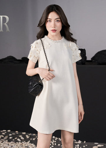 RẬP Vietnam - Ivory Laser-Cut Floral Shift Dress