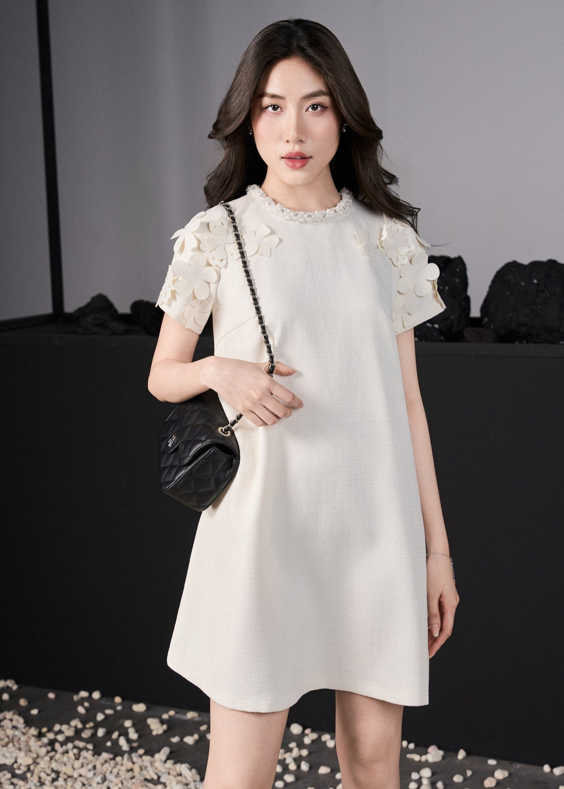 RẬP Vietnam - Ivory Laser-Cut Floral Shift Dress