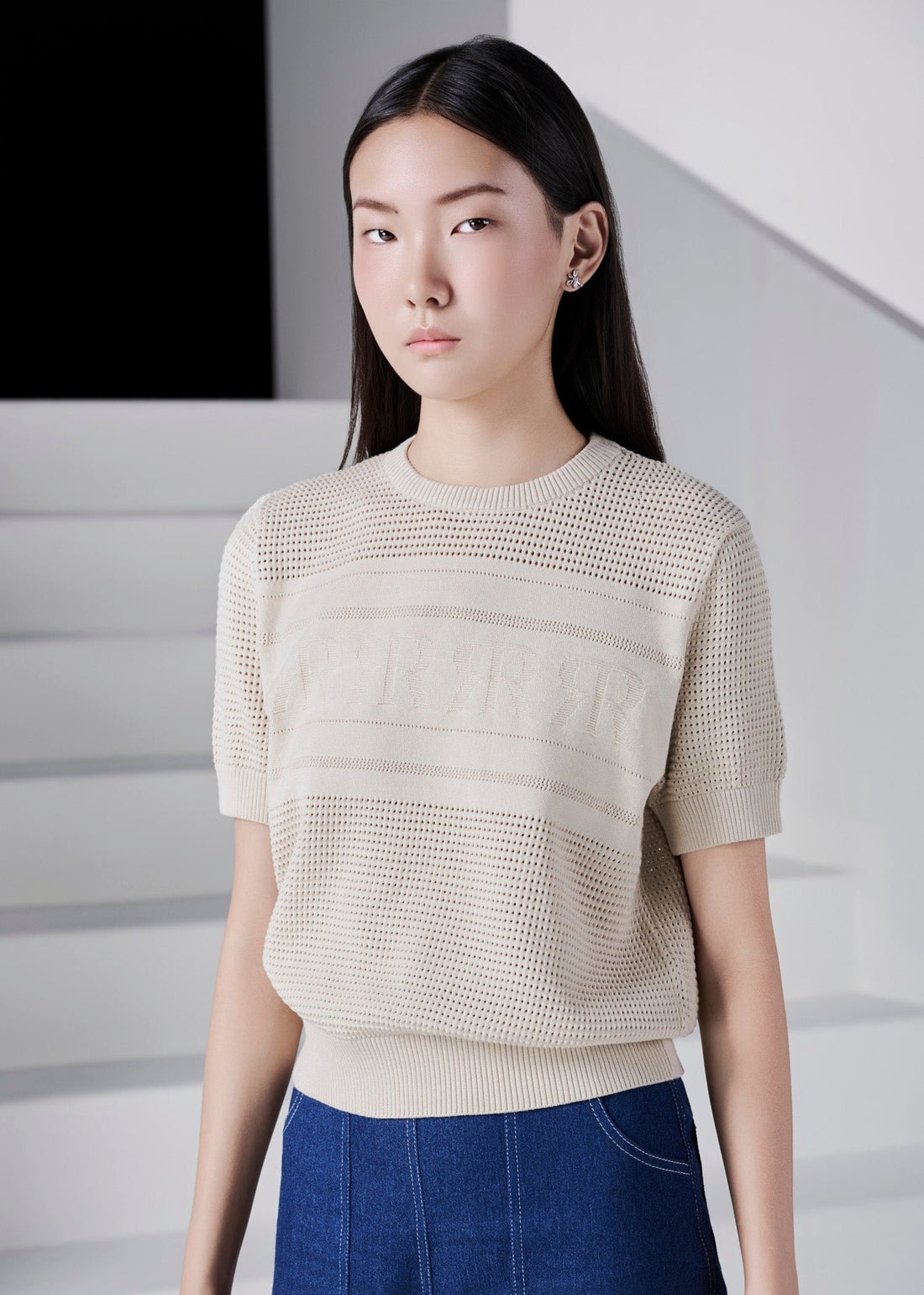 RẬP Vietnam - Beige Short-Sleeve Logo Knit Top