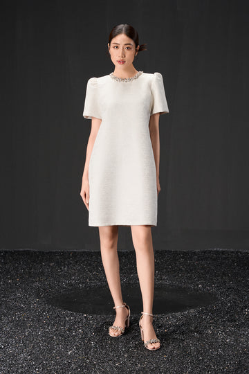 RẬP Vietnam - White Puff-Sleeve Crystal Embellished Taffeta Dress