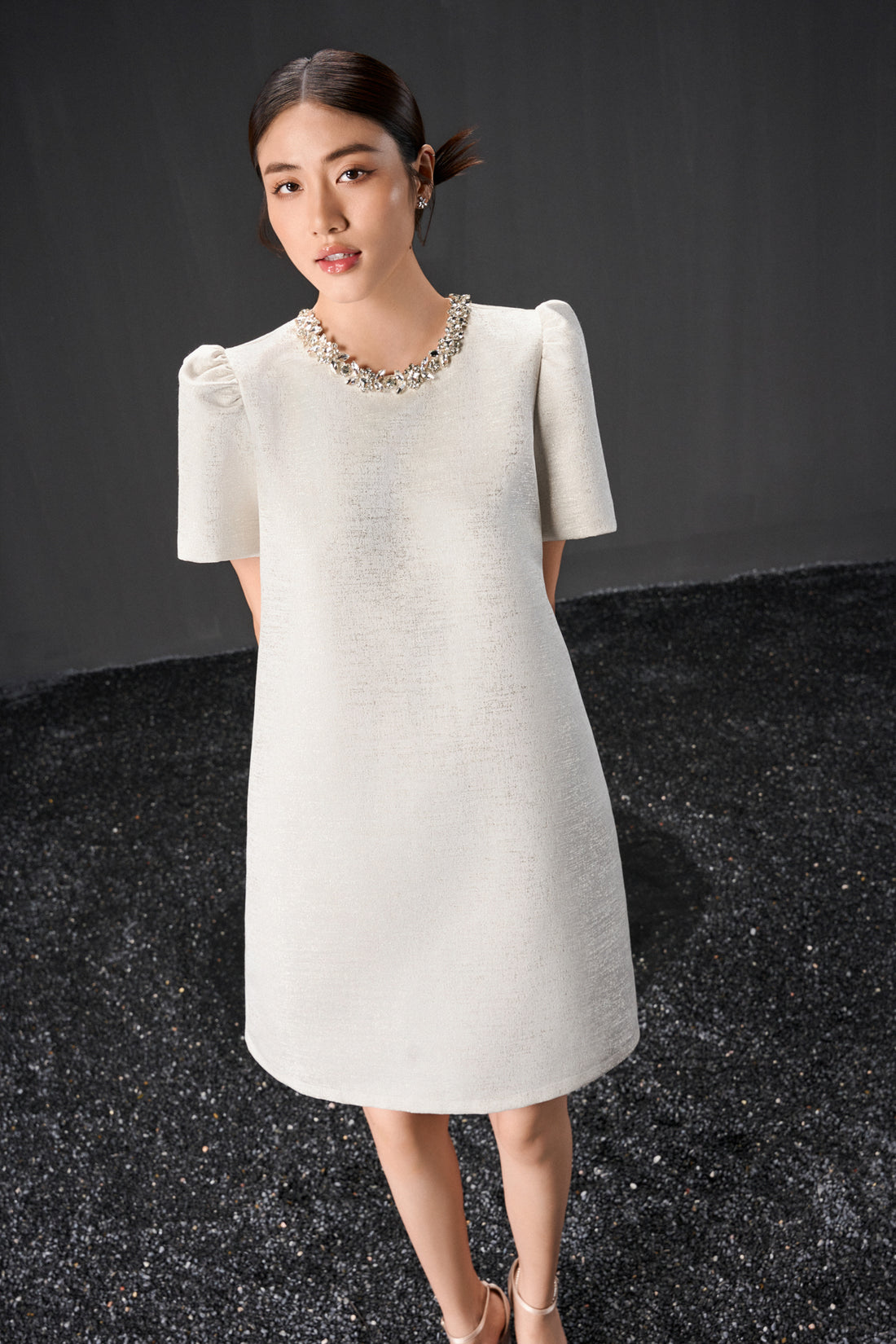 RẬP Vietnam - White Puff-Sleeve Crystal Embellished Taffeta Dress