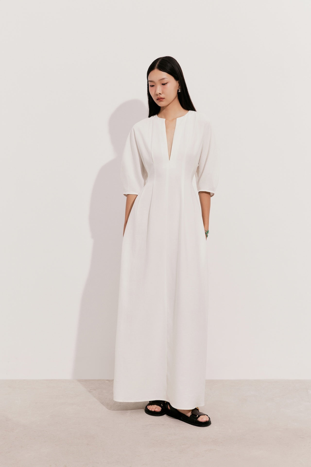 À Tous - Beige V-Neck Silk Linen Maxi Dress