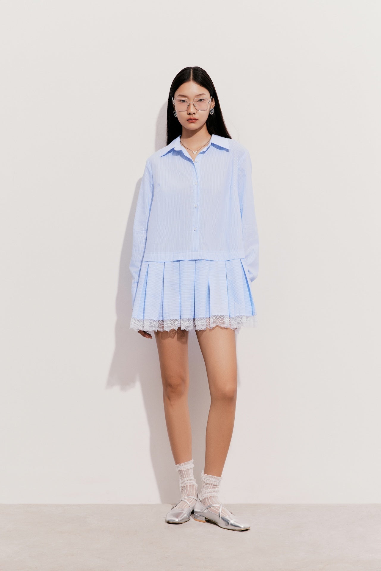 À Tous - Blue Collared Cotton Pleated Mini Dress with Lace Hem