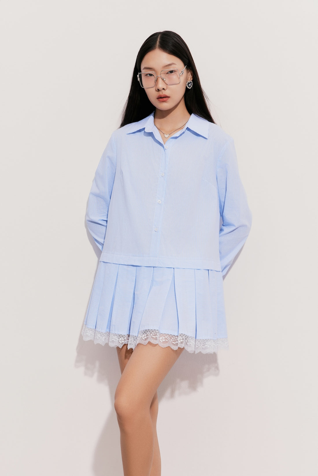 À Tous - Blue Collared Cotton Pleated Mini Dress with Lace Hem