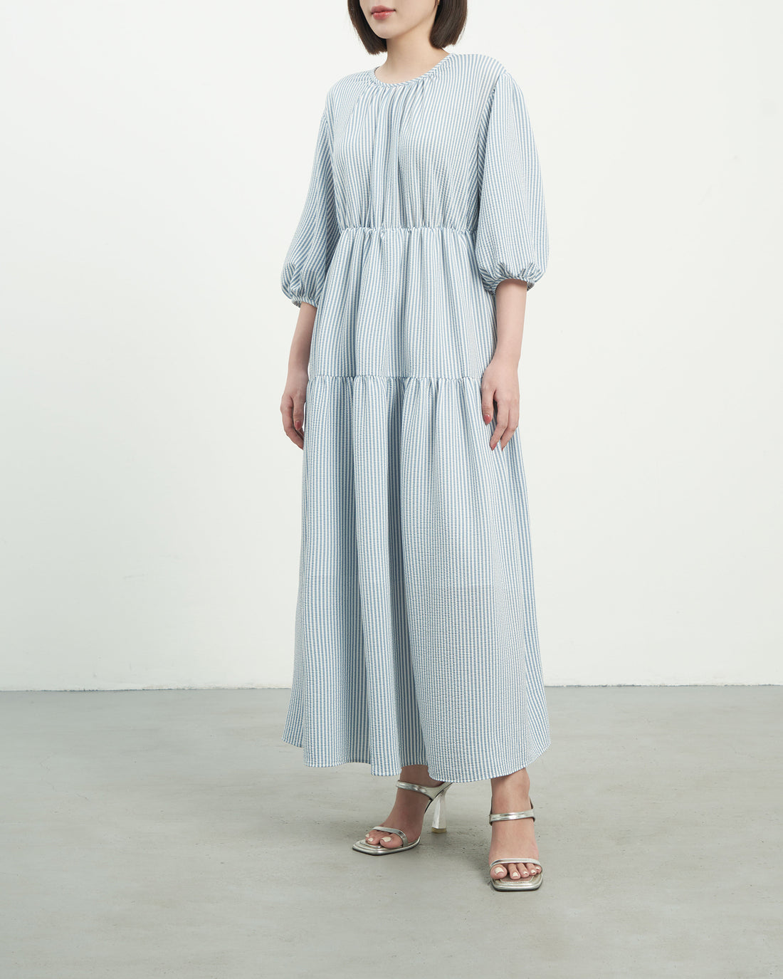 KHAUBYCQ - Blue Puff Sleeve Cotton Silk Maxi Dress