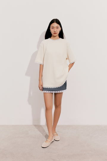 À Tous - Cream Lace-Trimmed Spandex Oversized Top