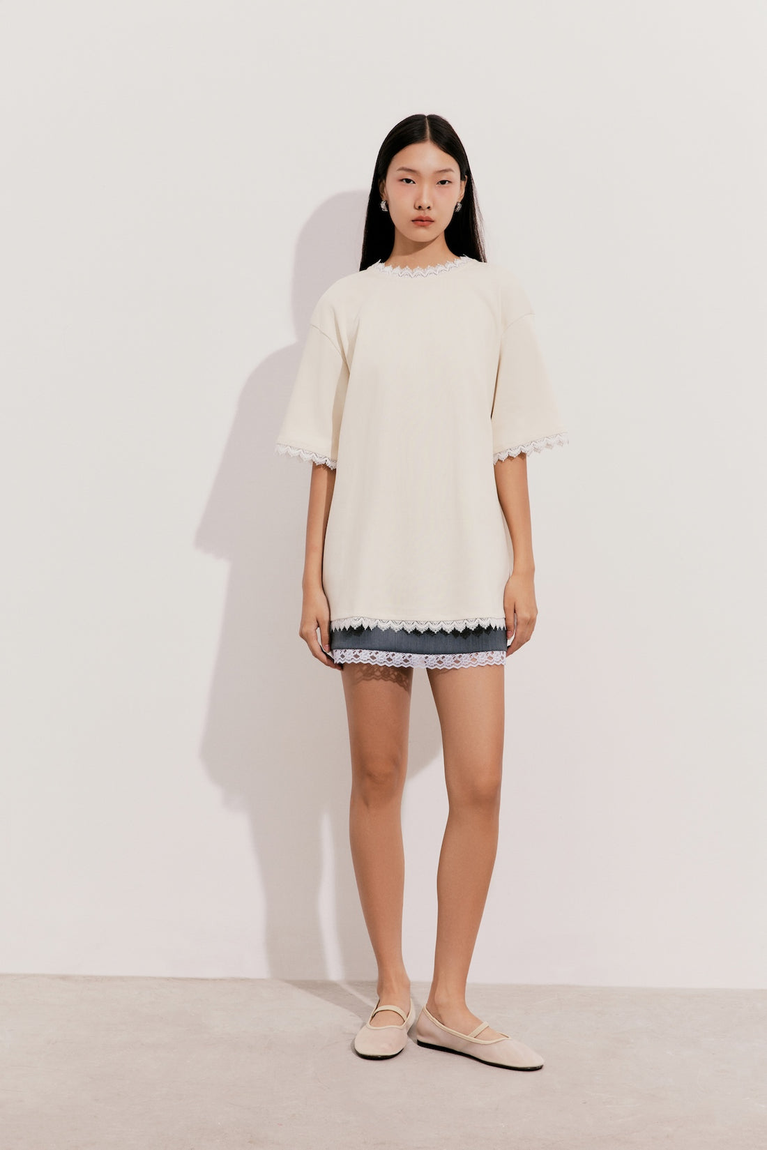 À Tous - Cream Lace-Trimmed Spandex Oversized Top