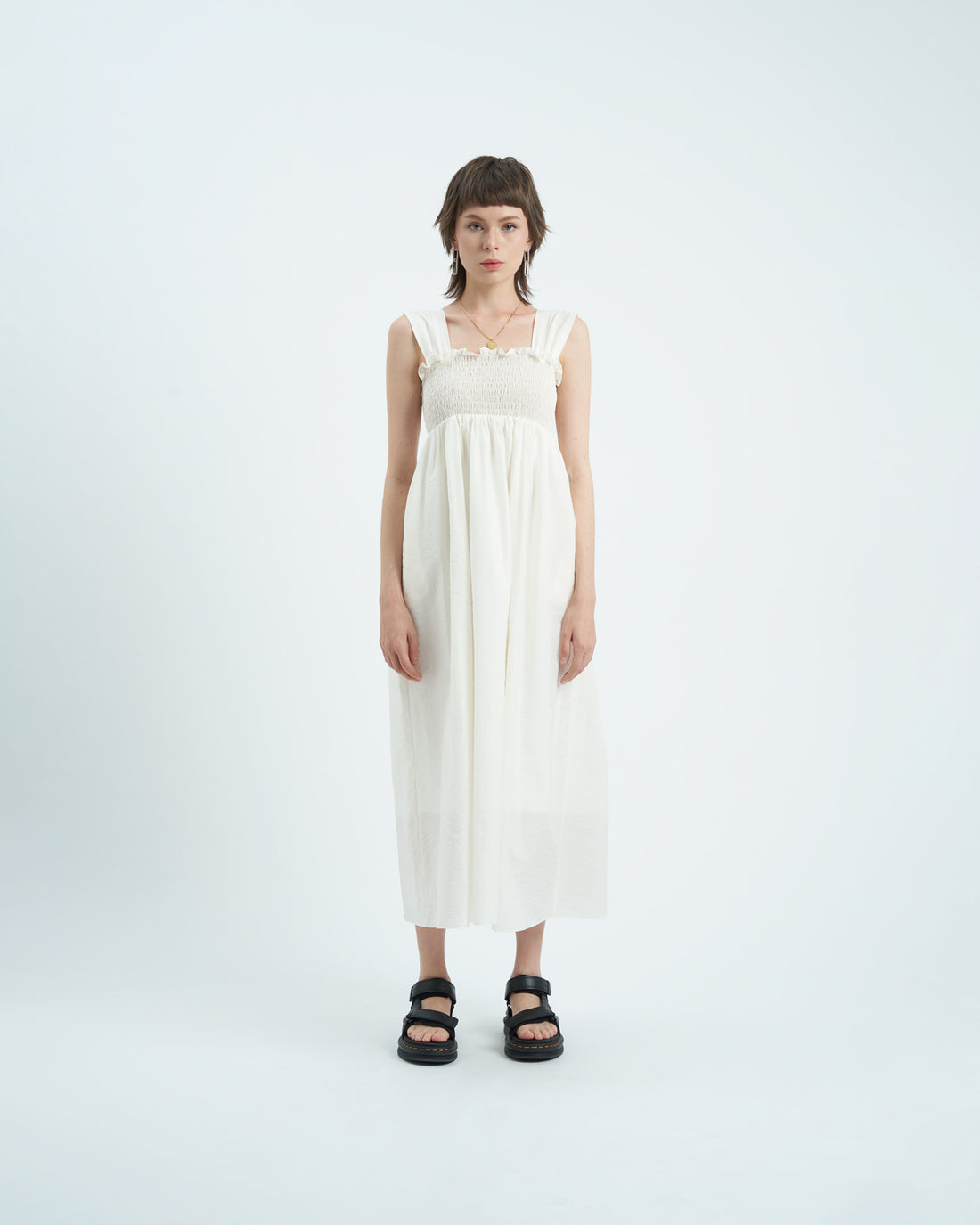 KHAUBYCQ - Cream Smocked Crepon Maxi Dress