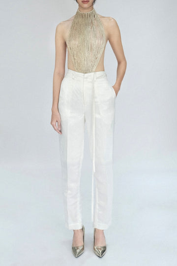 KHAAR - High-Waisted Tapered Pants with Drawstring Detail