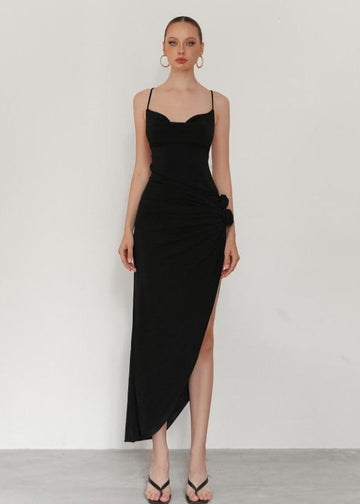 MACH NHA DUONG - Black Rose-Detail Asymmetrical Cutout Back Dress