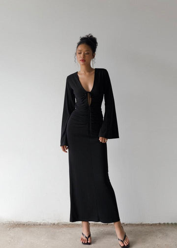 MACH NHA DUONG - Black Bell Sleeve Tie-Front Maxi Dress