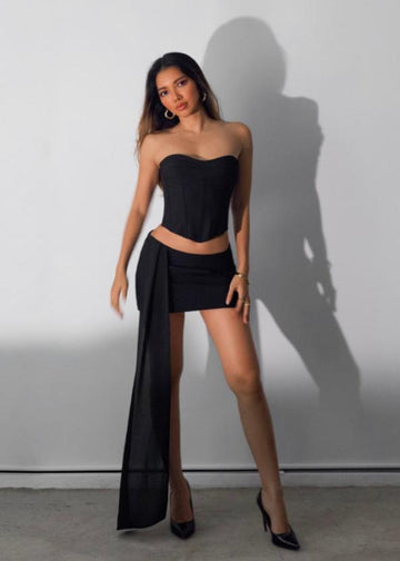 MACH NHA DUONG - Black Mini Skirt with Draped Sash Detail