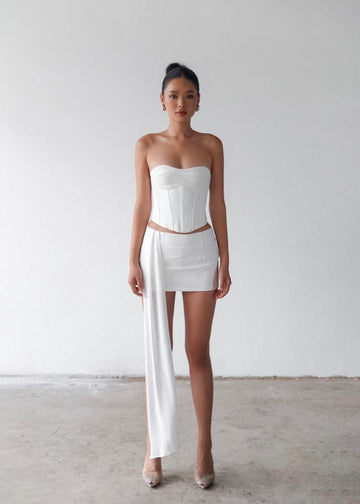 MACH NHA DUONG - White Mini Skirt with Draped Sash Detail