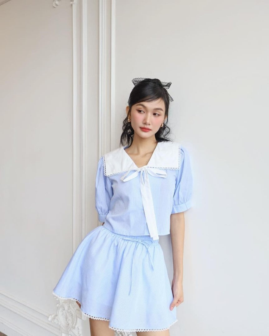 Ceci Cela - Blue Sailor Collar Blouse with Bow Detail