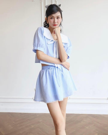 Ceci Cela - Blue Sailor Collar Blouse with Bow Detail