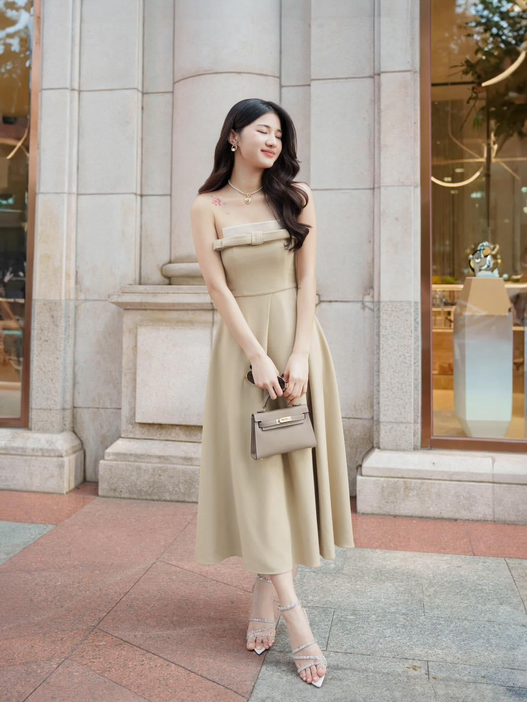 Ceci Cela - Beige Strapless Midi Dress