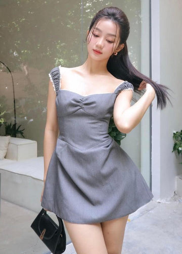 Ceci Cela - Grey Ruffled Strap Mini Dress