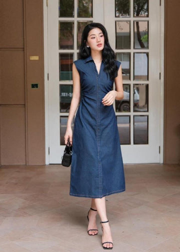 Ceci Cela - Denim Button-Down Midi Dress with Collar