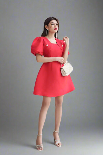 Ceci Cela - Red Puff Sleeve Mini Dress