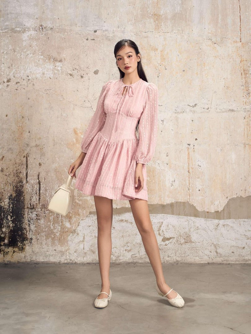 Ceci Cela - Pink Bow-Tie Flared Waist Dress