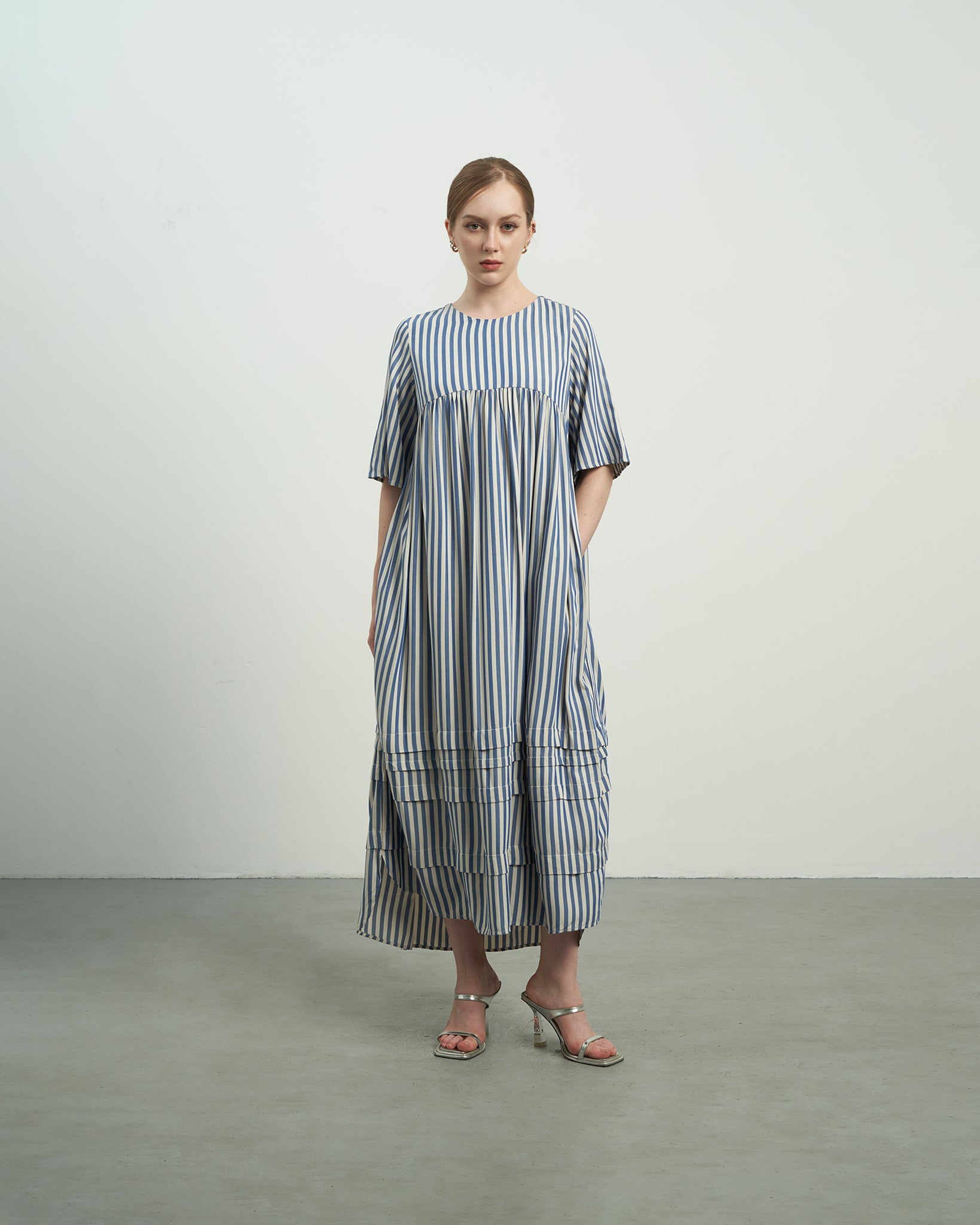 KHAUBYCQ - Blue & White Striped Cotton Silk Midi Dress