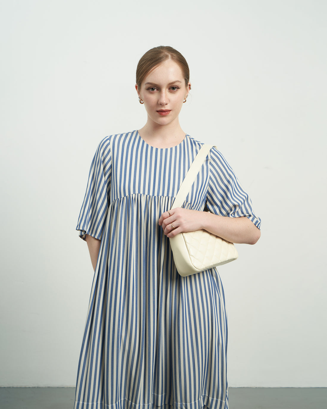 KHAUBYCQ - Blue & White Striped Cotton Silk Midi Dress