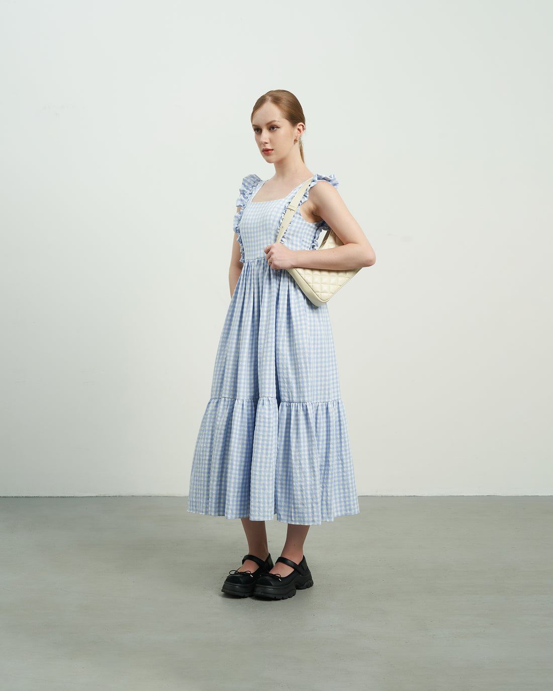 KHAUBYCQ - Blue & White Checkered Seersucker Maxi Dress with Ruffle Sleeves