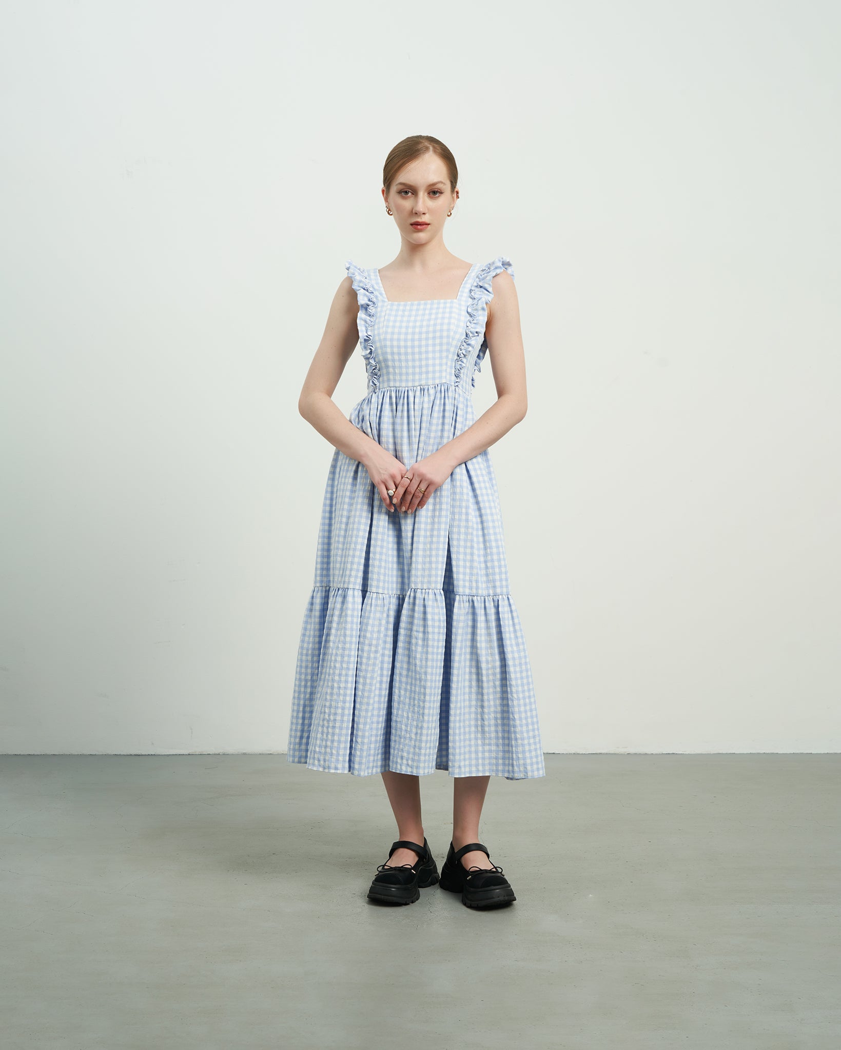 KHAUBYCQ - Blue & White Checkered Seersucker Maxi Dress with Ruffle Sleeves