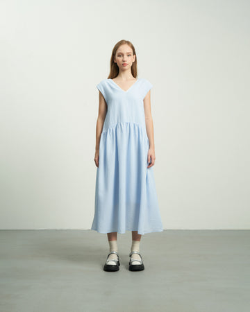 KHAUBYCQ - Blue V-Neck Sleeveless Seersucker Maxi Dress - Casual Summer Dress