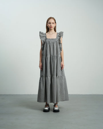 KHAUBYCQ - Gingham Checkered Kate Silk Maxi Dress with Ruffle Sleeves