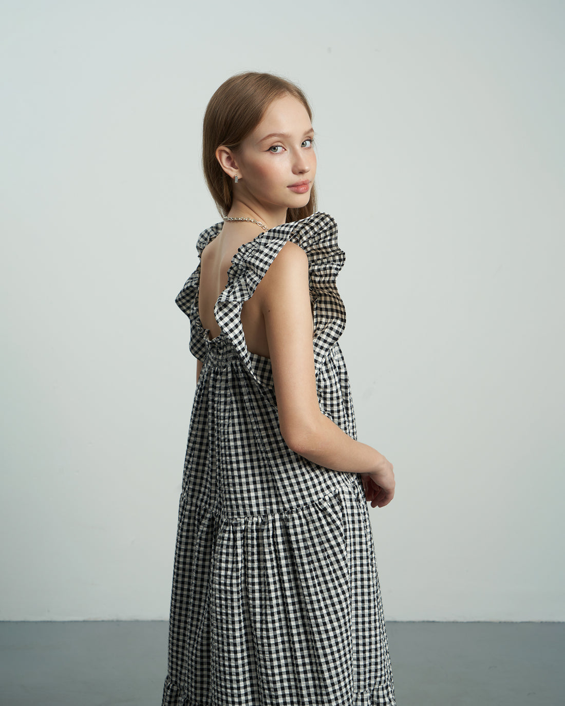 KHAUBYCQ - Gingham Checkered Kate Silk Maxi Dress with Ruffle Sleeves