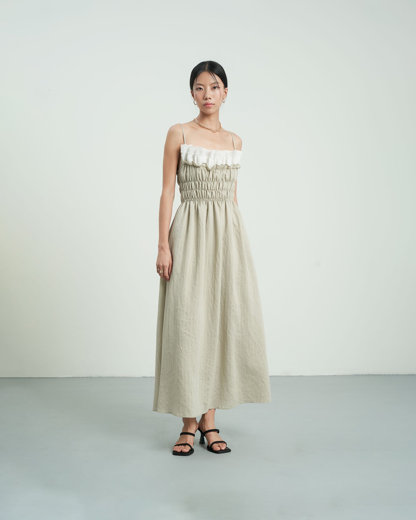 KHAUBYCQ - Beige Smocked Bodice Georgette Lining Maxi Dress