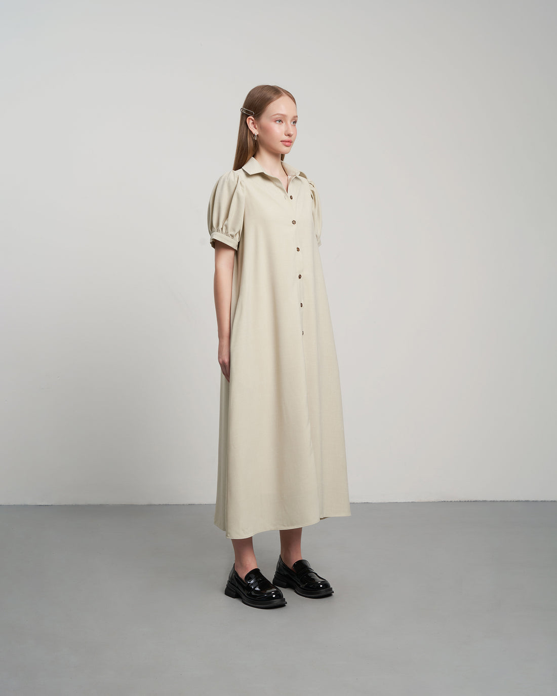 KHAUBYCQ - Beige Collared Puff Sleeve Button-Down Linen Maxi Dress