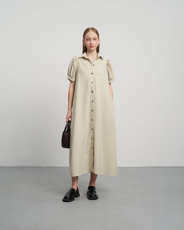 KHAUBYCQ - Beige Collared Puff Sleeve Button-Down Linen Maxi Dress